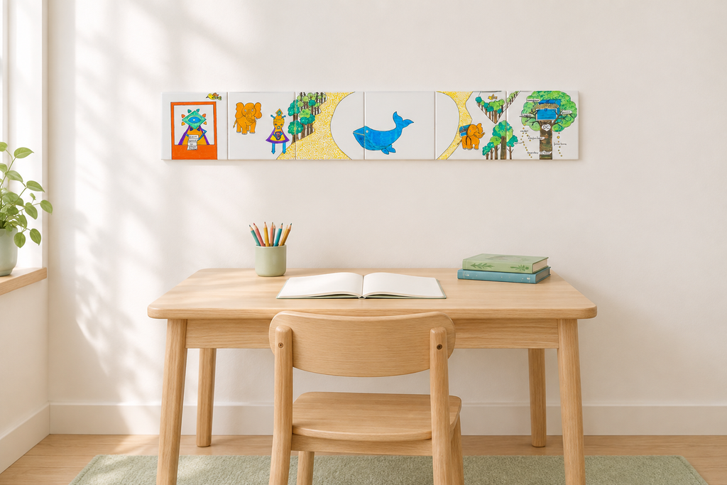 Friso de azulejos num espaço de estudo infantil virtual