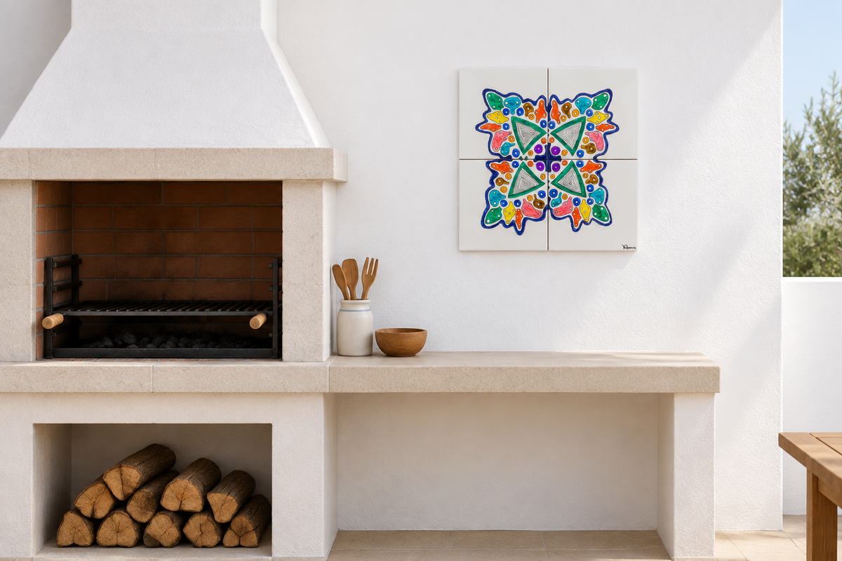 Painel de quatro azulejos num ambiente virtual de churrasqueira